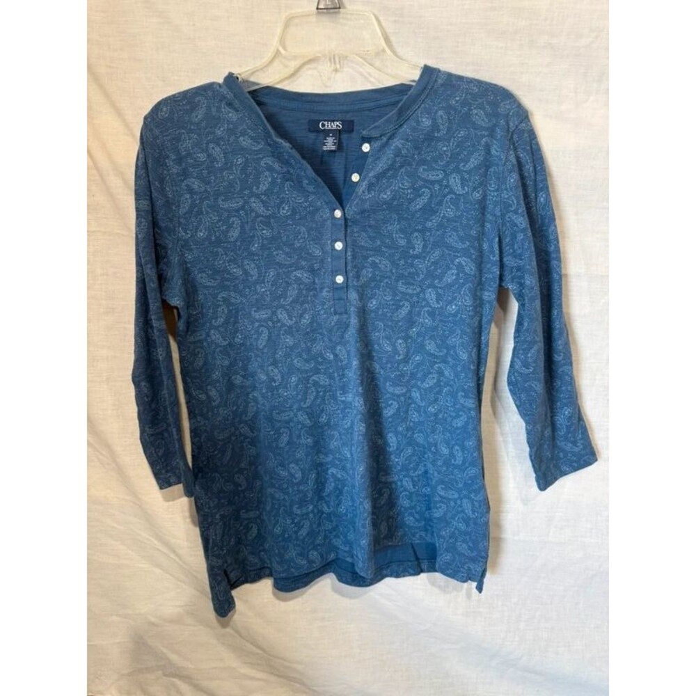 Chaps Blue Paisley Print 3/4 Sleeve Henley Top M